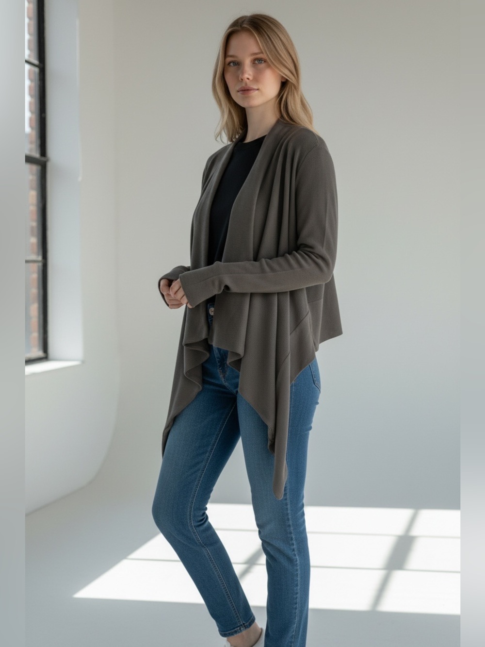 Herff Christiansen Draped Open-Front Cardigan Sweater — Gray